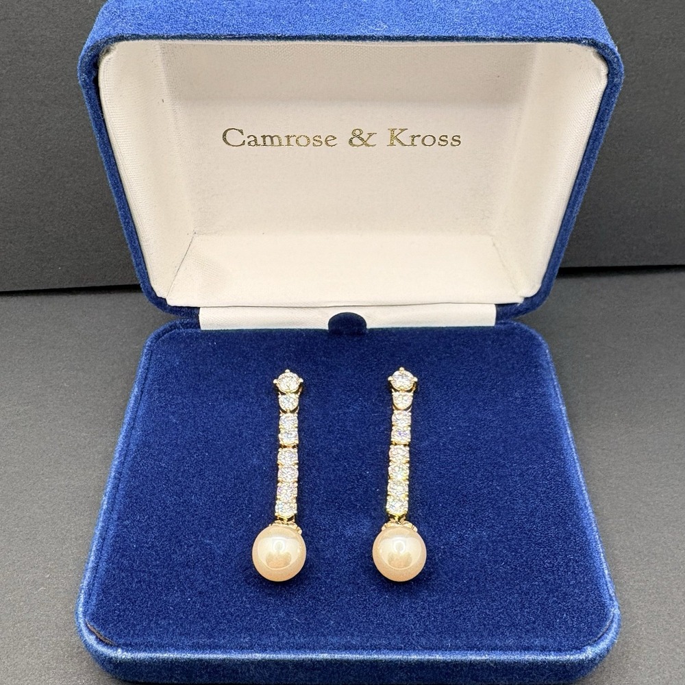 Camrose & Kross Jackie Kennedy JBK Earrings Dangle Drop Glass Faux Pearl Crystal